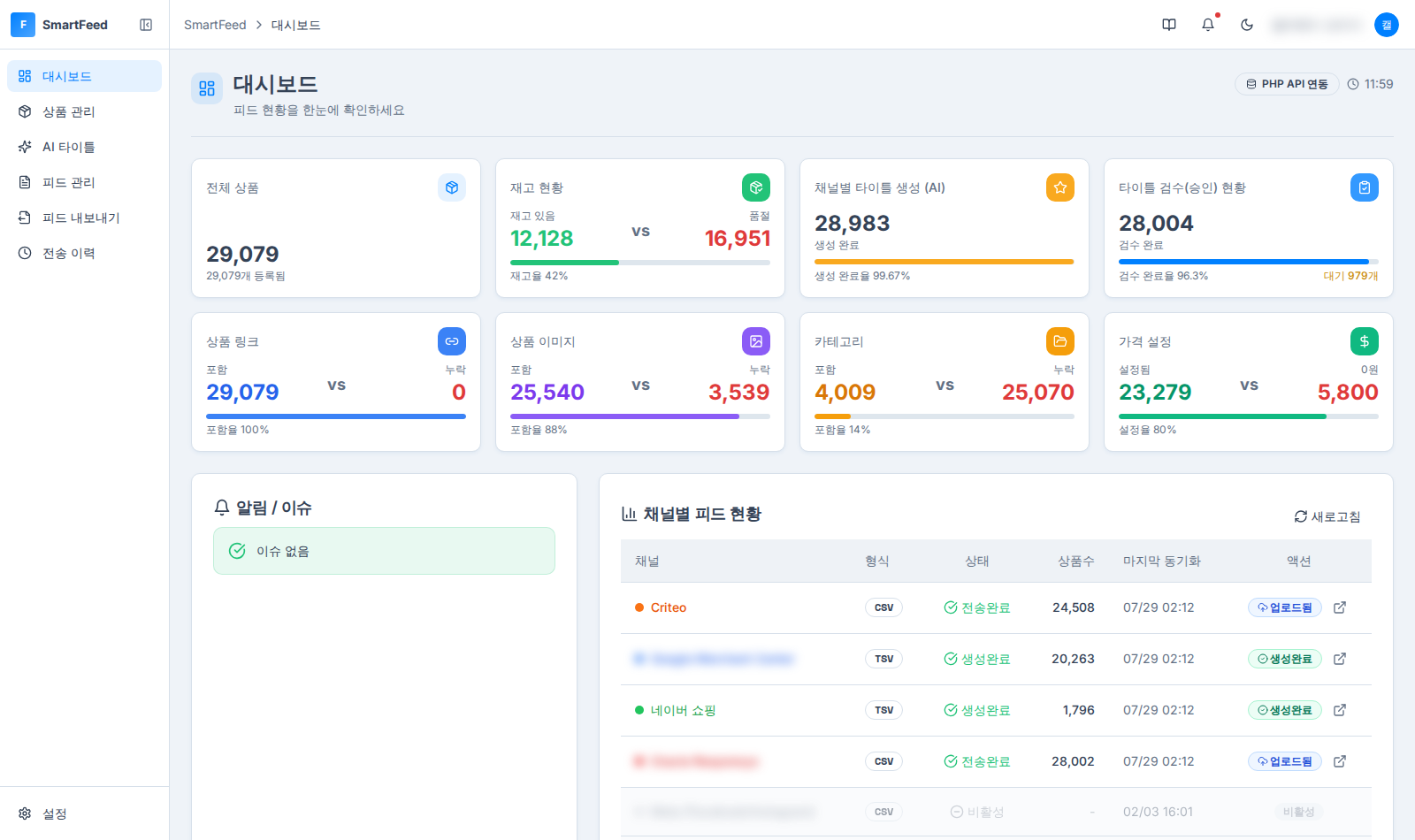 SmartFeed 통합 대시보드 화면